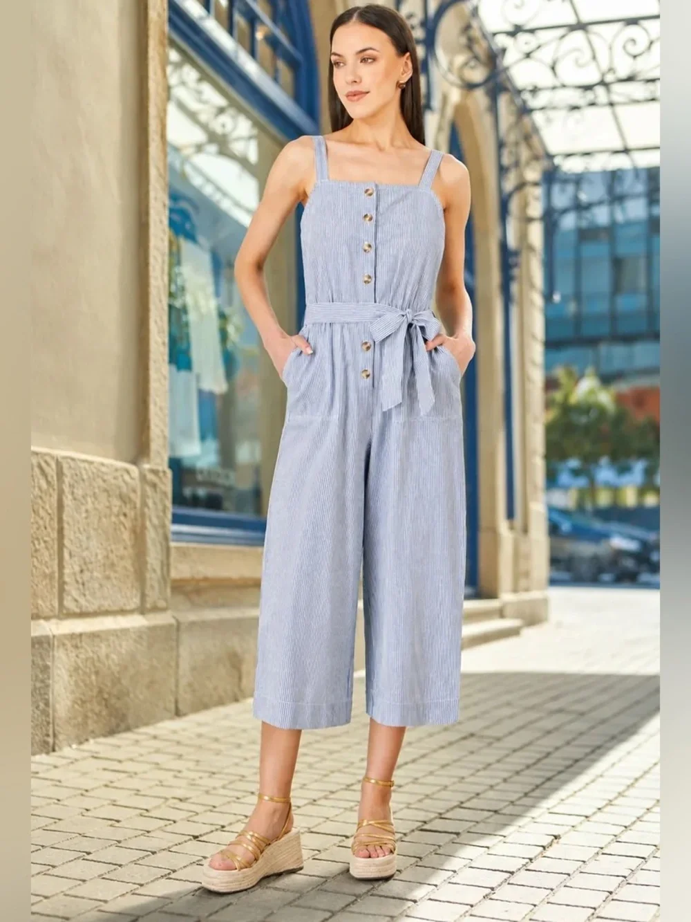 Everlane Linen Jumpsuit Light Blue White Stripe Size 6